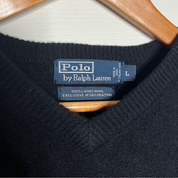 Polo Ralph Lauren V Neck Sweater 100% Lambs Wool Pullover Black Men's Size L - Picture 3 of 4